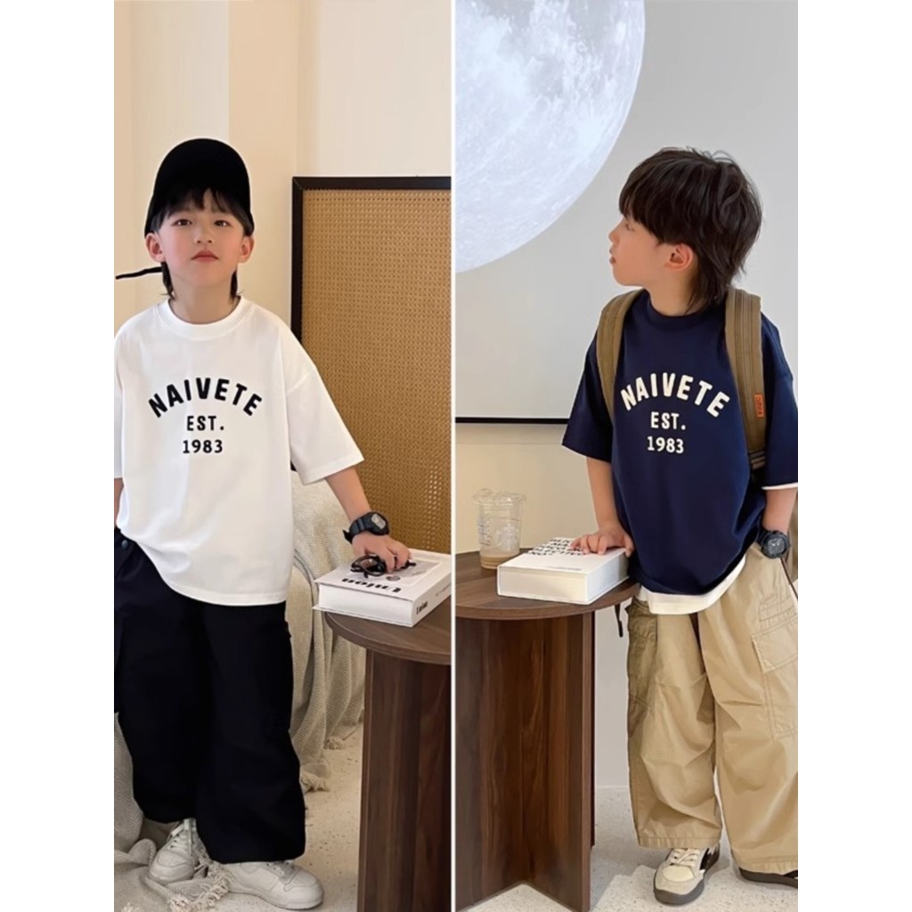 Camiseta de manga curta para meninos de algodão puro 2024 novo estilo médio grande crianças versão coreana Casual branco