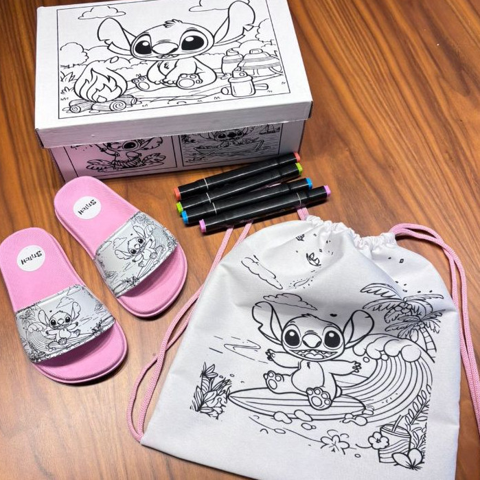 KIT INFANTIL SLIDE STICH + BOLSA + CAIXA PARA PINTAR BOBIE lançamento, confortável, lindo