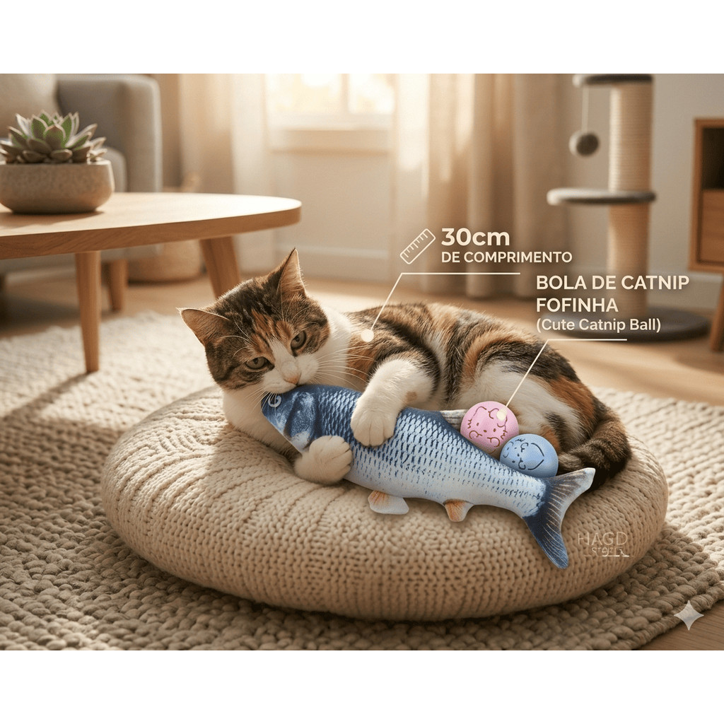 Brinquedo Peixe Elétrico Interativo para Gatos e Cães com Sensor de Movimento + Erva de Gato (Catnip)