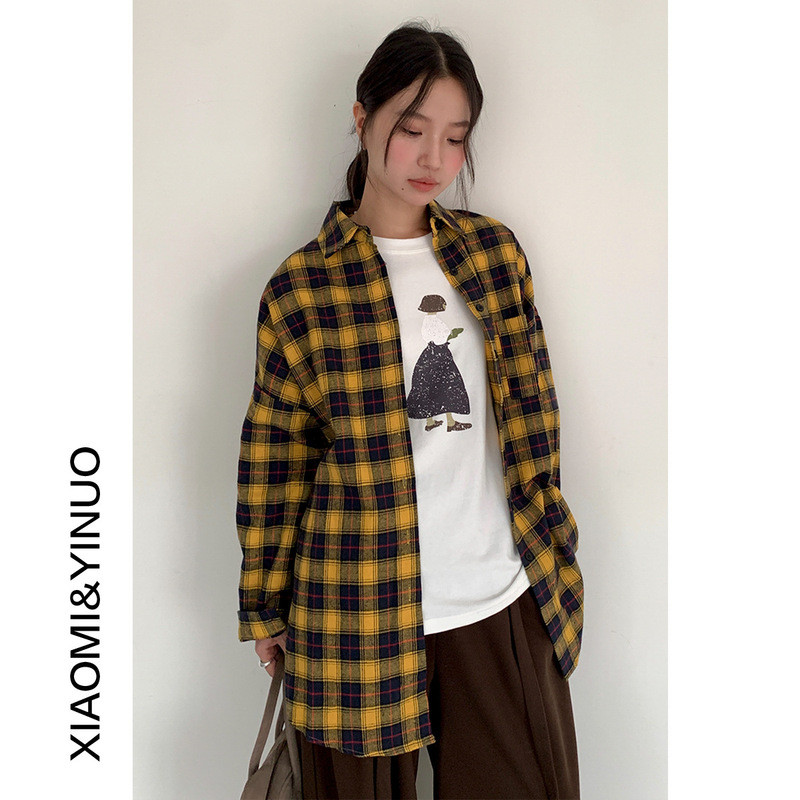 [Oufan] Camisa xadrez retrô amarela de manga comprida estilo Hong Kong feminina outono inverno solta Casual camisa combi