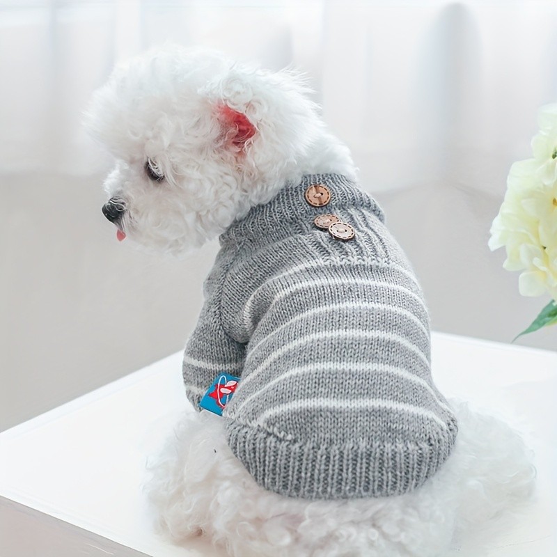 Suéter Listrado Francês - Roupa para Animais de Estimação em Cinza e Branco para Bichon, Pomeranian, Teddy, Gato, Cães P