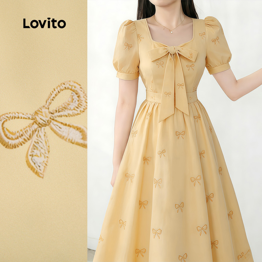 Lovito Vestido Elegante Amarração Frontal Textura Padrão Primavera/verão Vestido