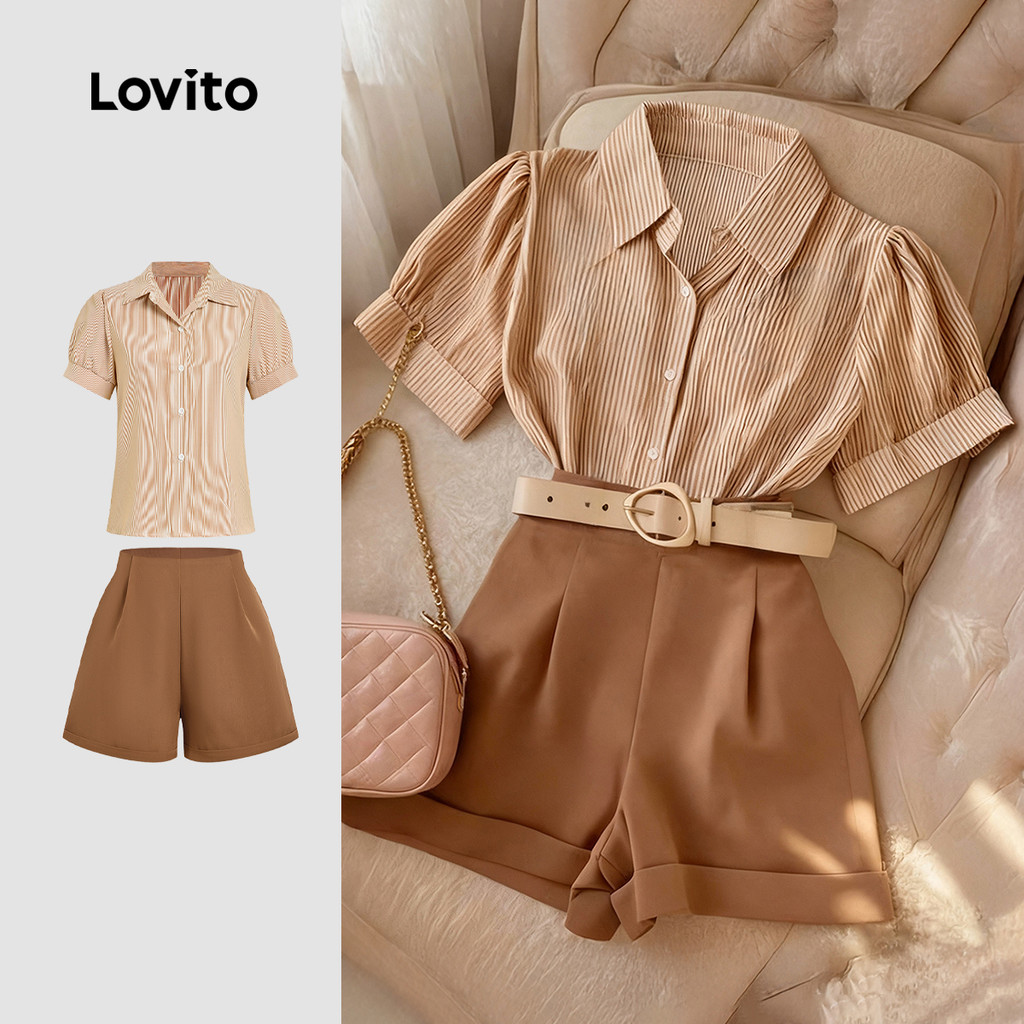 Lovito Tops ou Bottoms Elegantes com Zíper e Botão Primavera/verão Khaki Top Tops ou Bottoms para Mulheres LBL31271 em Oferta na Shopee