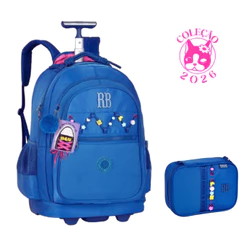 Kit Mochila de Rodinhas Com Par de Cadarços e Estojo Rebecca Bonbon Beaded Fun Cor:Azul