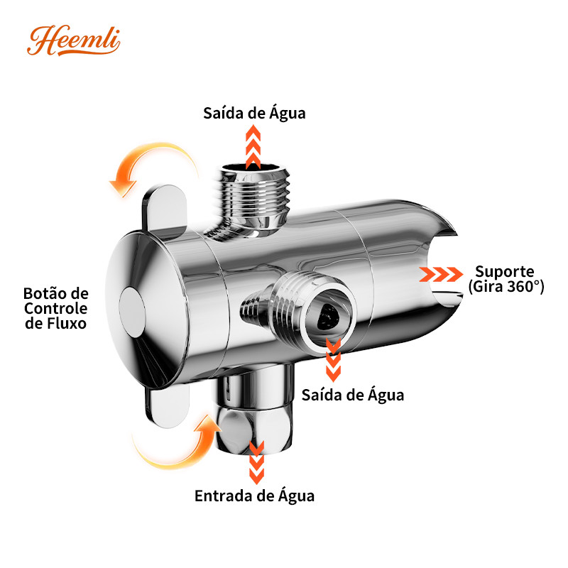 Heemli Válvula Desviadora 3 Vias para Chuveiro e Ducha Higiênica com Suporte 360° ABS Cromado