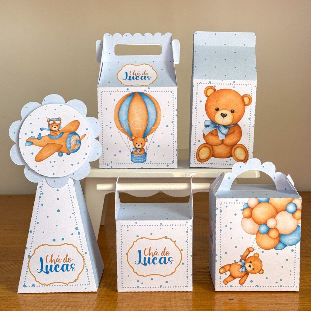 KIT FESTA CHÁ REVELAÇÃO URSINHO AZUL - PEGUE MONTE- LEMBRANCINHAS ANIVERSÁRIO - CAIXINHAS PERSONALIZADAS