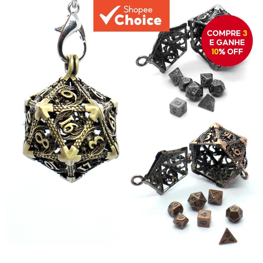 D20 Caixa Oca de Metal + Conjunto de 7 Dados de Metal, Kit Mini Dados de Jogo de Tabuleiro Portátil em Oferta na Shopee