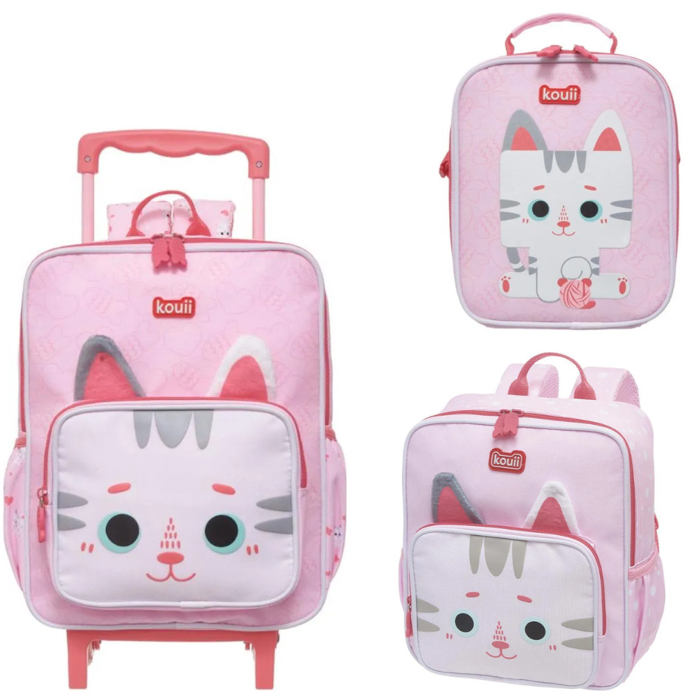 KIT MOCHILA RODINHAS E MOCHILA COSTAS + LANCHEIRA GATINHA - KOUII