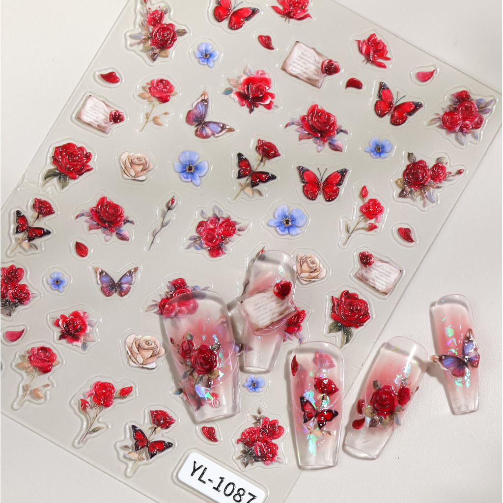 Adesivos de Arte de Unhas Grande Rosa Vermelha Borboleta 5D Relevo Luxo Leve Nobre Flor de Rosa Borboleta Decorações DIY