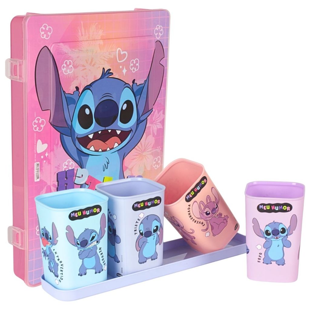 Kit Organizador Stitch Com 01 Pasta E 04 Porta Lápis e Caneta Com Base Rosa Multiuso Escritório Escola Original Plasútil