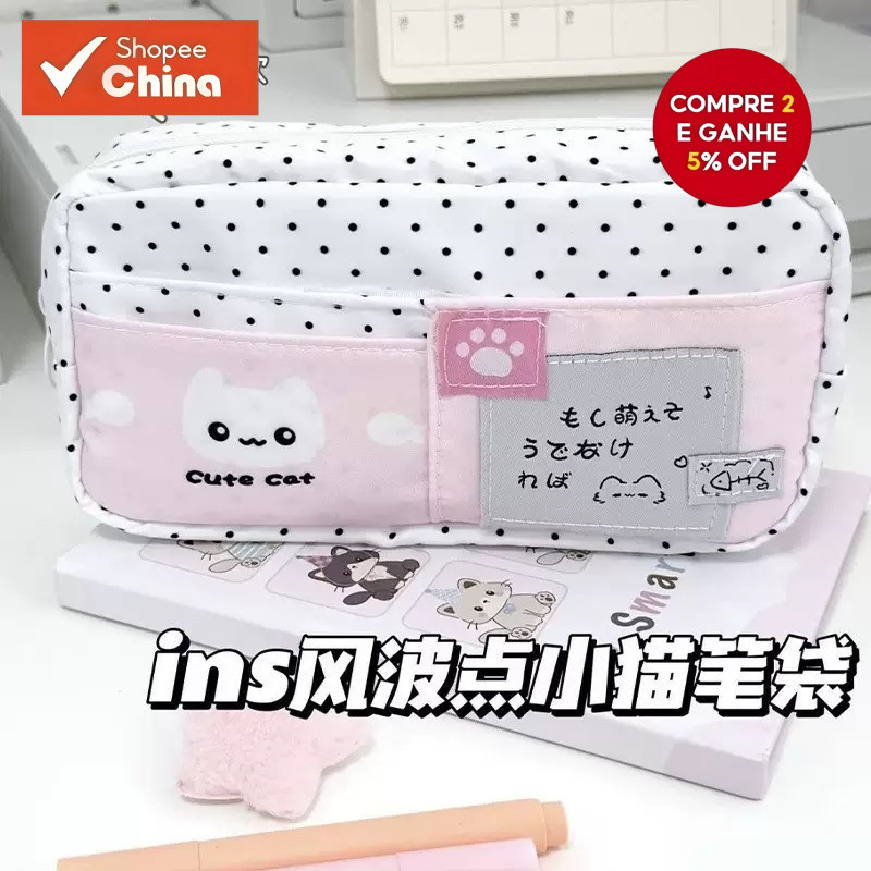 Estojo de Lápis de Grande Capacidade, Bolsa de Papelaria de Gato Fofo, Caixa com Zíper, Presente Cosmético Delicado, Prê em Oferta na Shopee