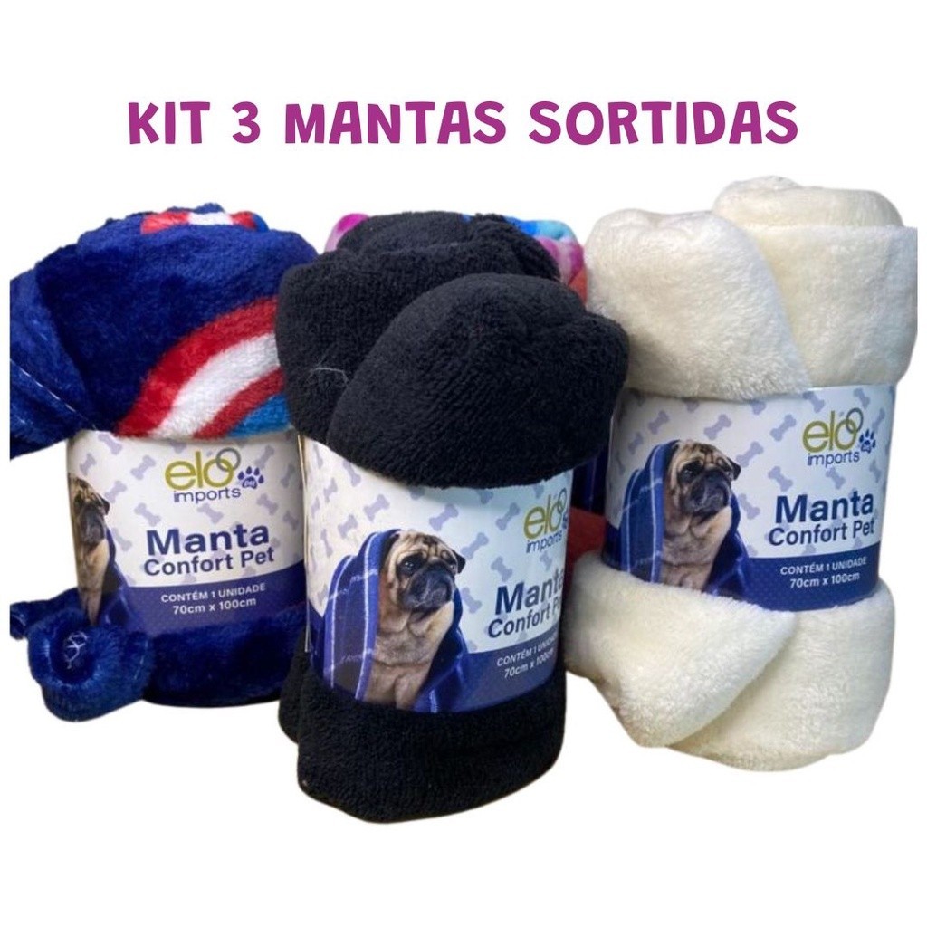 Kit 3 Manta Cobertor Pet Mantinha para Cachorro Gato 100x90cm Lavável Cores Sortidas