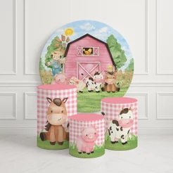Kit Capas Painel Redondo E Trio De Cilindros Fazendinha Aquarela Rosa