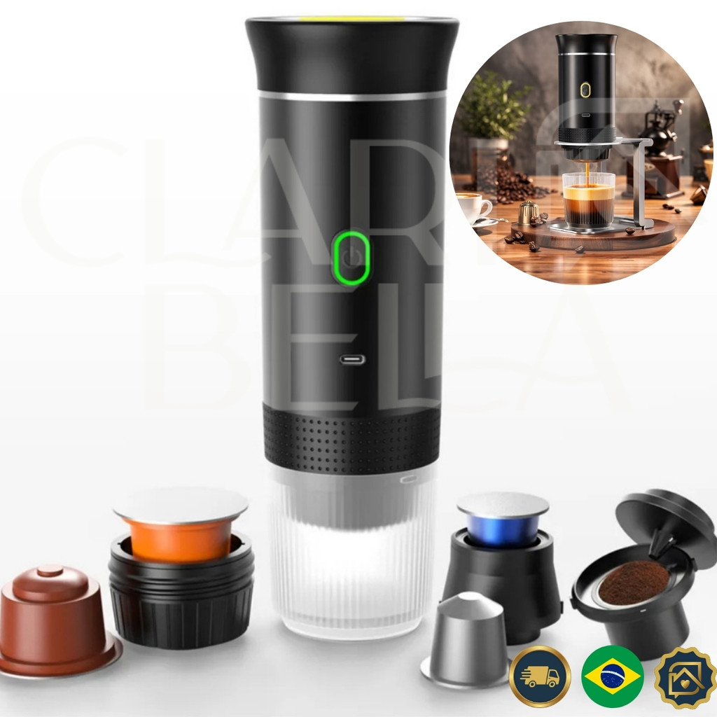 Cafeteira Portátil 3 em 1 Expresso Elétrica Recarregável para Cápsulas e Café Moído Compacta e Prática