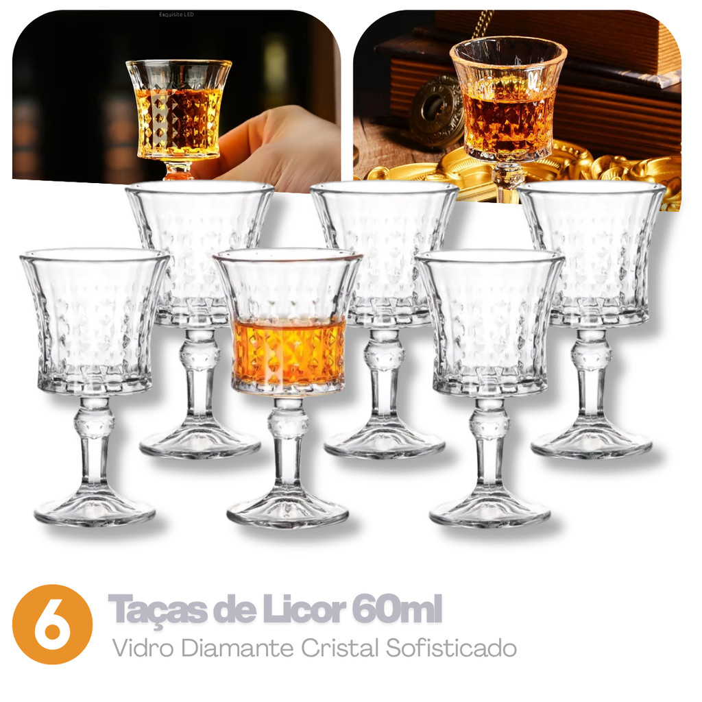 Kit 6 Taças de Licor 64ml Vidro Diamante Cristal Sofisticado Elegante Taças de Vidro Taça pra Licor