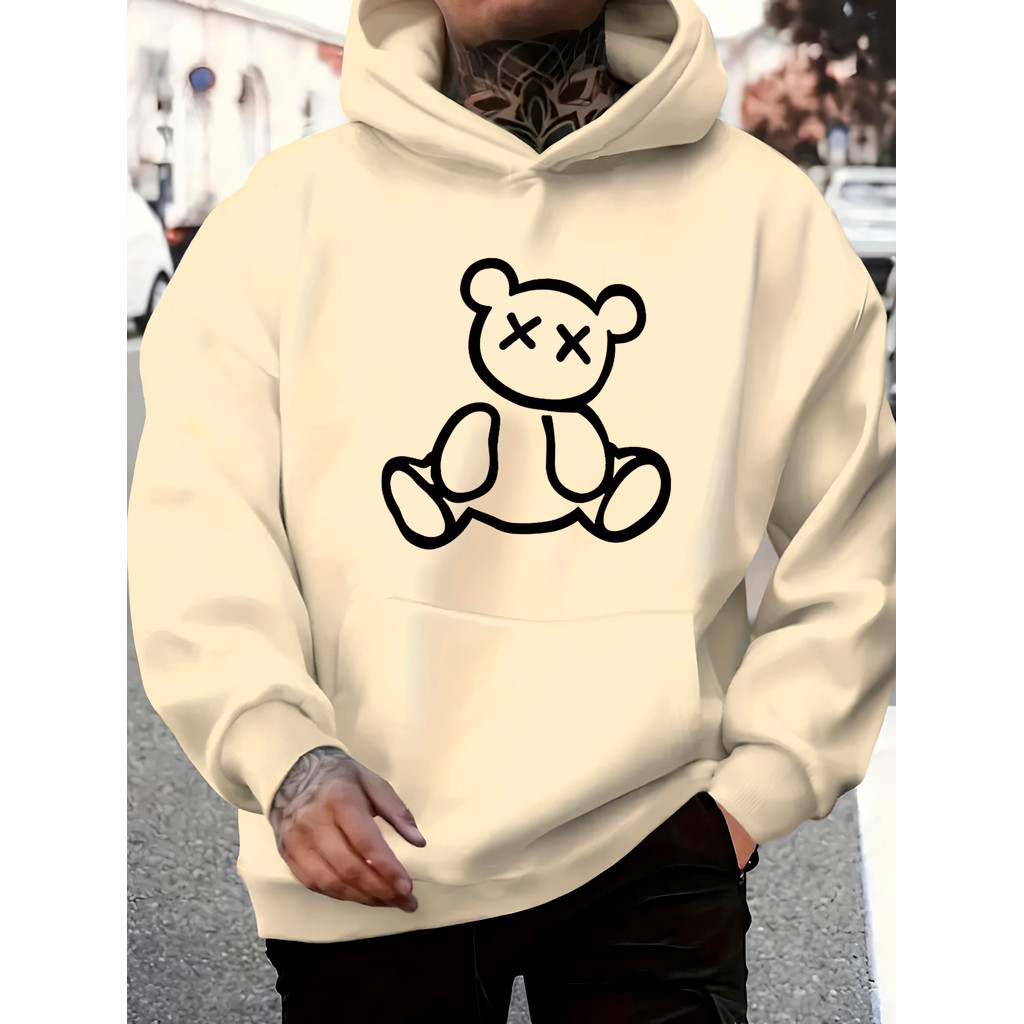 Moletom Canguru Flanelado Blusa de Frio Moletom Masculino Estampado Urso Algodão Unissex