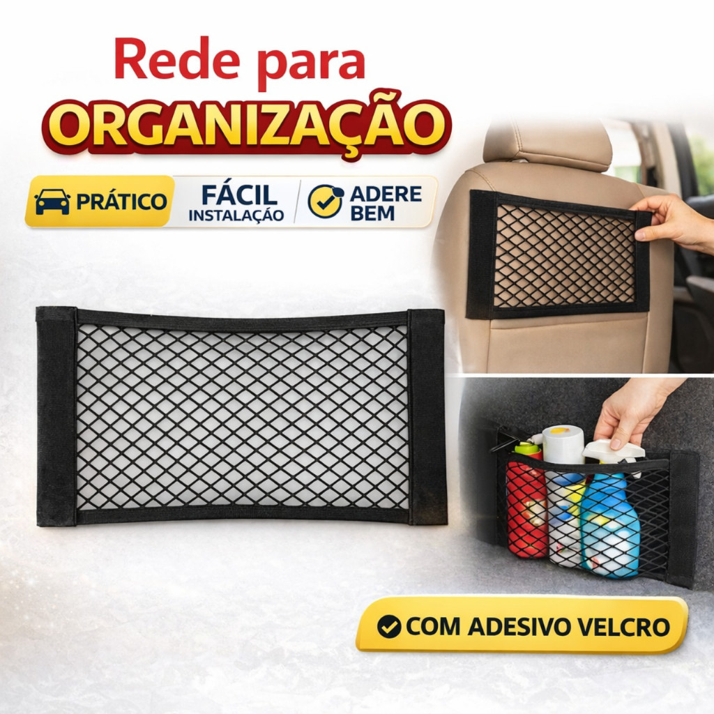 Bolsa Rede Organizadora Carro Porta Objetos com Velcro Forte Fácil Instalação 2 Fitas