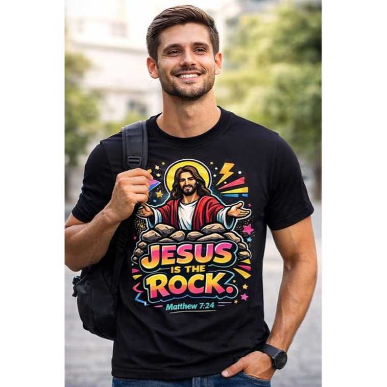 Camiseta Católica "Jesus The Rock" Mateus 7:24 Fé E Estilo