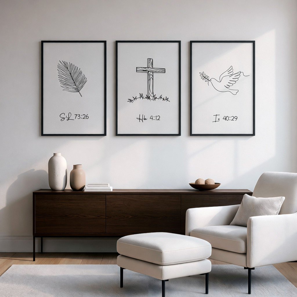 Kit com 3 quadros decorativos salmo versículo jesus biblico minimalista hebreus isaias QPCA14