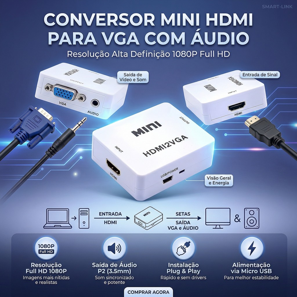 Adaptador Mini Conversor Video HDMI para VGA com Áudio P2 1080P - Conecte a TV, Monitor e Projetor em Oferta na Shopee