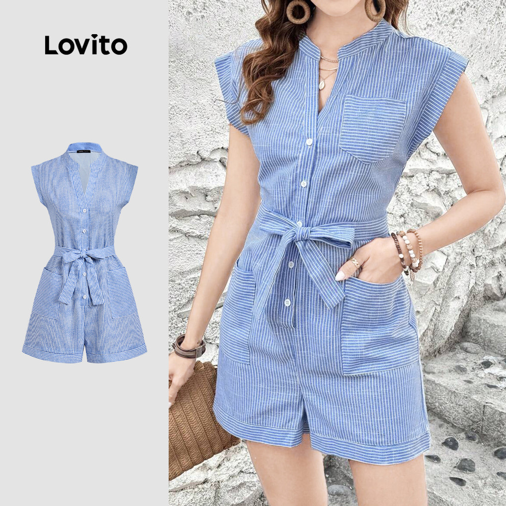 Macacão Casual com Cadarço  Laço  Bolso  Primavera/verão  Azul  para mulheres L243AD658