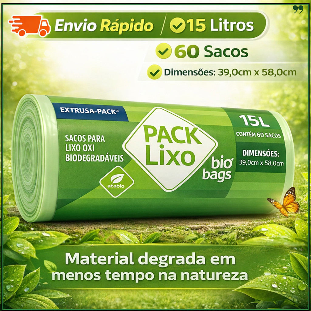 Saco de Lixo Biodegradável 15 Litros com 60 Sacos | Oxibiodegradável | Envio Rápido | 39x58cm