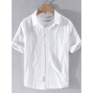 Camisa masculina de manga curta de algodão puro juventude lapela branca Casual polegada camisa solta All-Match botão sup