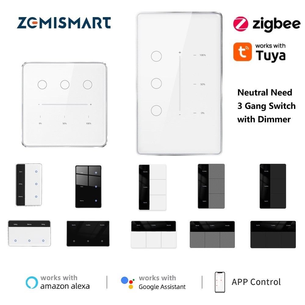 Zemismart Zigbee 3Gang Dimmer Switch Interruptor De Luz Neutra Display Nome , Tuya Smart Life App Timer Dimer control ,