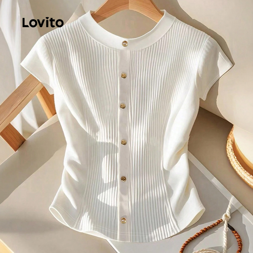 T Shirt Feminina Estilosa Lovito Casual Camiseta Branca com Botão Para Primavera/verão LK2AD1143