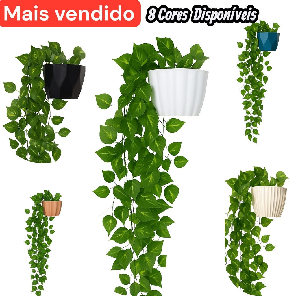 Conjunto Vaso Estilo Cerâmica + Duas Plantas Penduradas Artificial Verde para Decoração de Parede