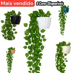Conjunto Vaso Estilo Cerâmica + Duas Plantas Penduradas Artificial Verde para Decoração de Parede