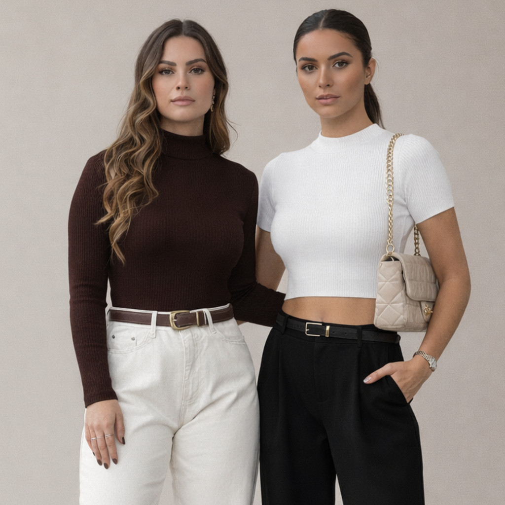 Kit Cropped Canelado Baby Look Casual Blusinha Curta Top + Cacharrel Feminina Manga Longa Gola Alta Segunda Pele Basica