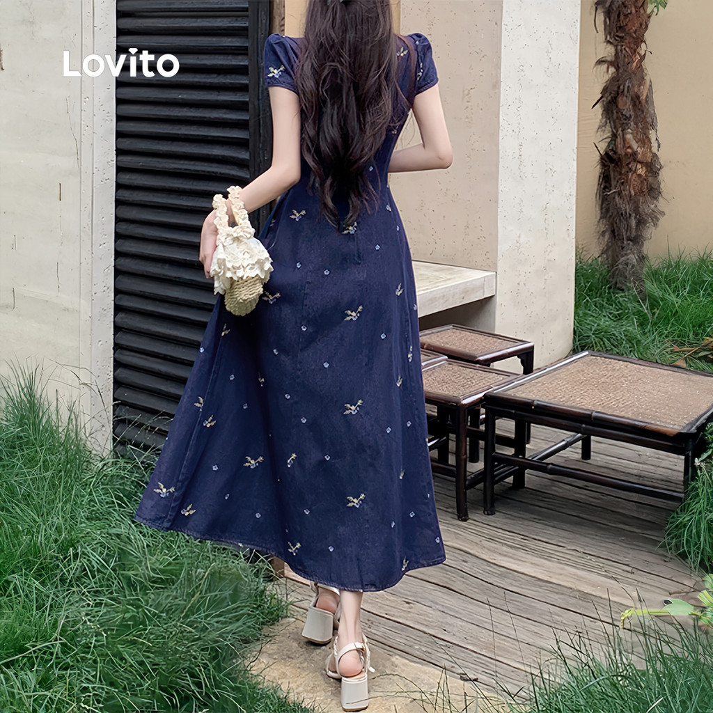 Detalhes do Lovito Vestido Elegante Casual Confortável E Estiloso Azul Marinho Para Mulheres Ideal Para a Primavera/verão L150AD898