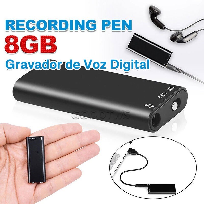 Mini Gravador Voz Som 8G de memória Digital Micro Espião Espia Escuta 96h de gravação Profissional Audio
