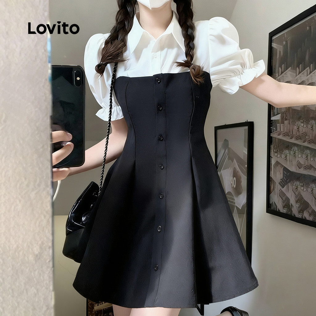 Lovito Vestido Casual Colorblock Botão Primavera/verão Preto e Branco para mulheres L164LD245 em Oferta na Shopee