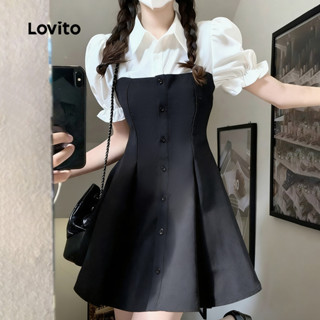 Lovito Vestido Casual Colorblock Botão Primavera/verão Preto e Branco para mulheres L164LD245 em Oferta na Shopee
