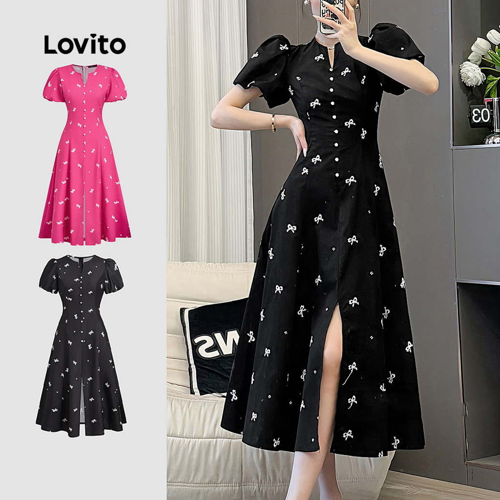 Lovito Vestido Casual Com Botões Frontais E Estampa De Vestido Preto Para Mulheres, Verão/primavera L134ED529 em Oferta na Shopee