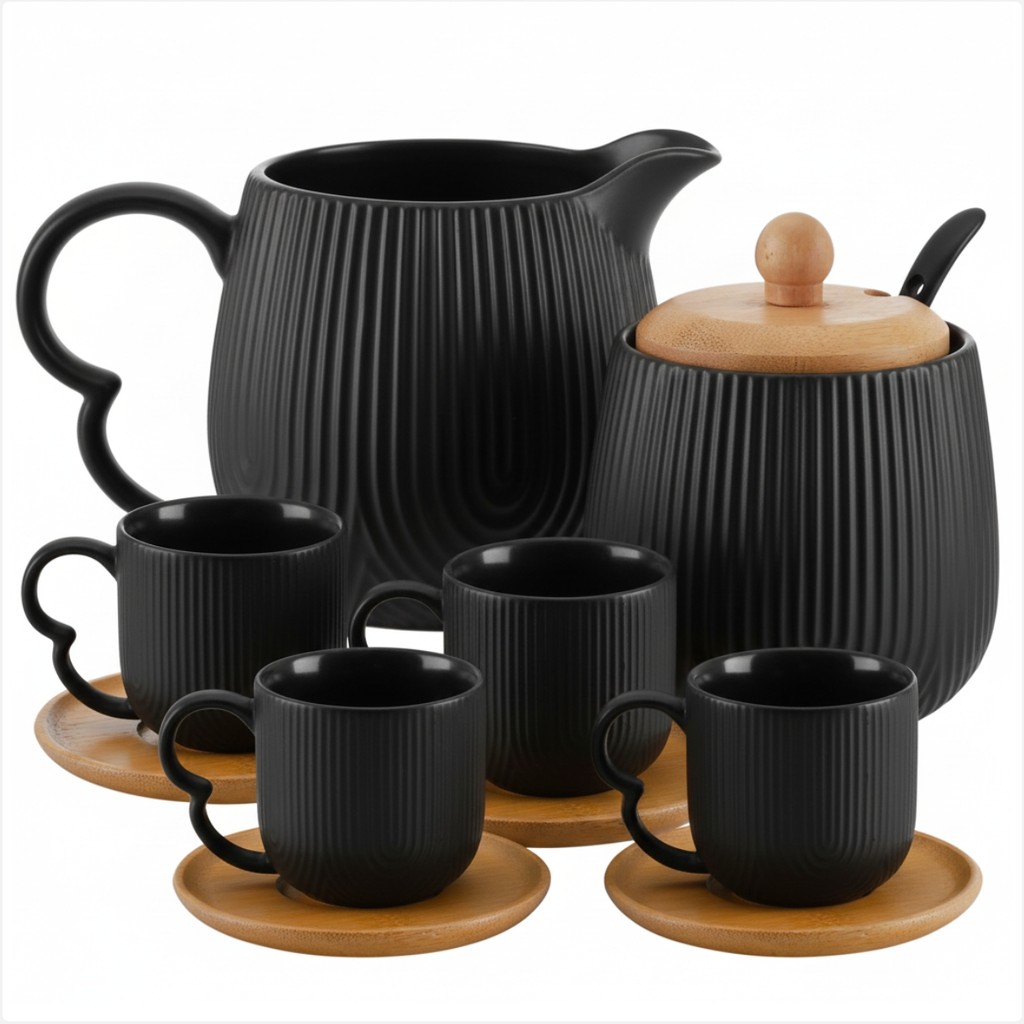 Conjunto de Xicaras Oásis Preta 90ml Com Açucareiro e Cremeira Em Cerâmica Cantinho do Café