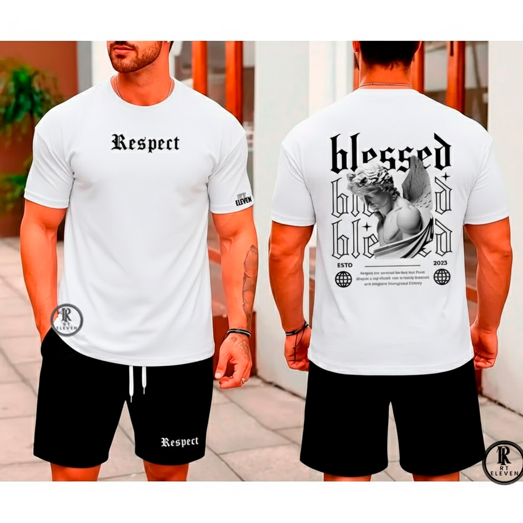 Kit Conjunto Blessed Camiseta Masculina 100% Algodão + Bermuda Moletom Lançamento Estampada Anjos Respect Confortavel