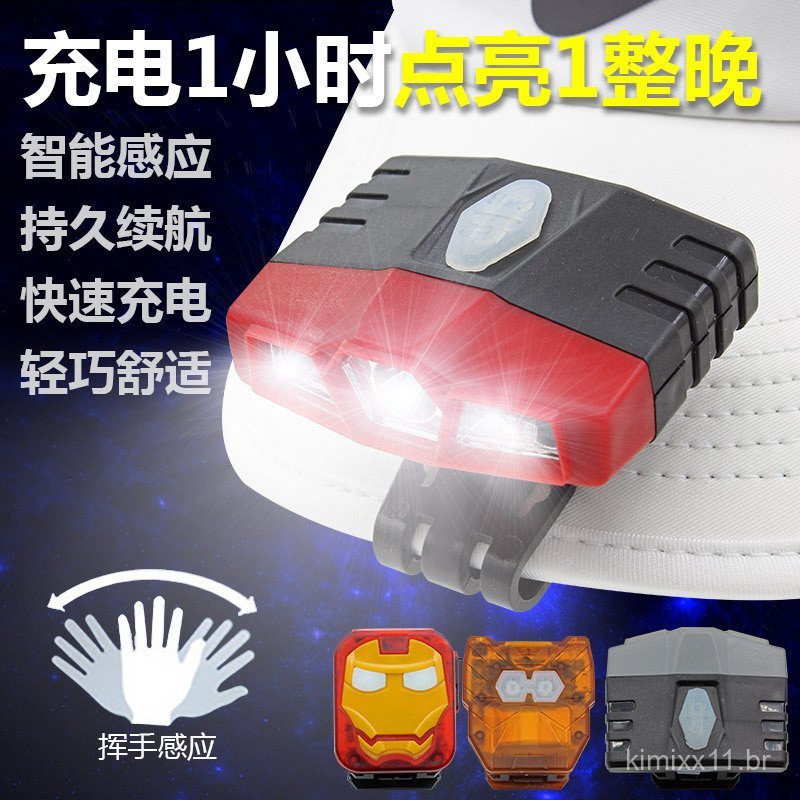 Lanterna de boné com sensor mais vendida, lanterna de cabeça com sensor infravermelho recarregável por USB, luz de pesca