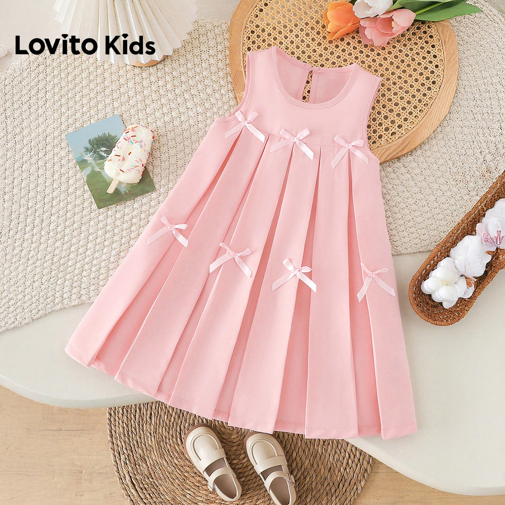 Lovito Kids Vestido Casual Rosa Plissado com Laço de Primavera/verão para menina