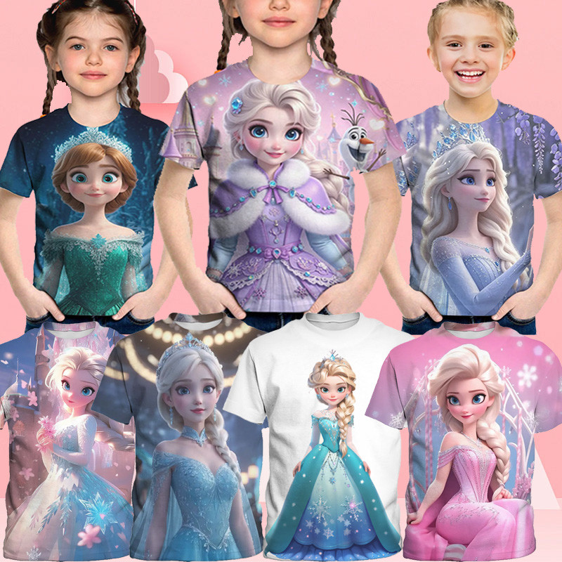Frozen Princess Elsa Camiseta Meninas Verão Algodão Gola Redonda Manga Curta Top Disney Cartoon Animação Impressão 2026 