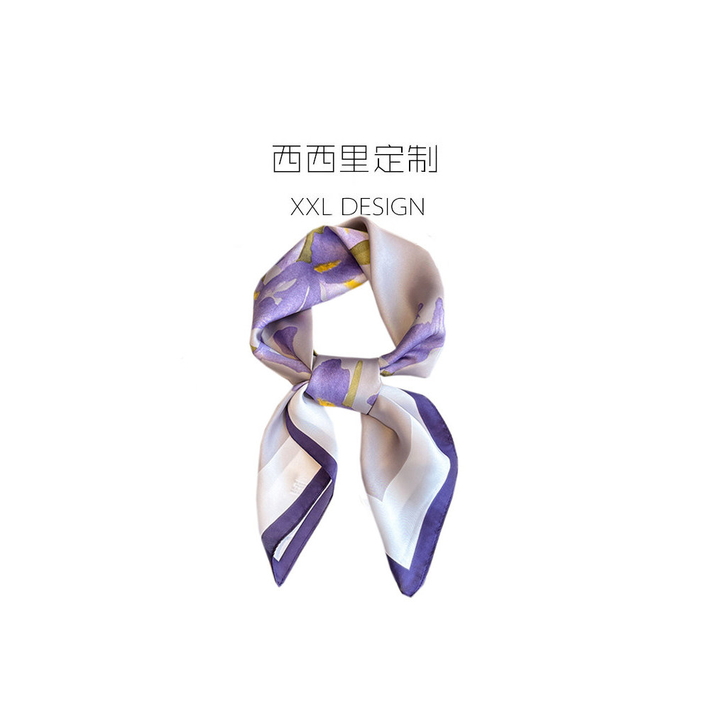 Lenço de seda pequeno lenço quadrado feminino High-End nicho Taro flor roxa cachecol com camisa ins bandana