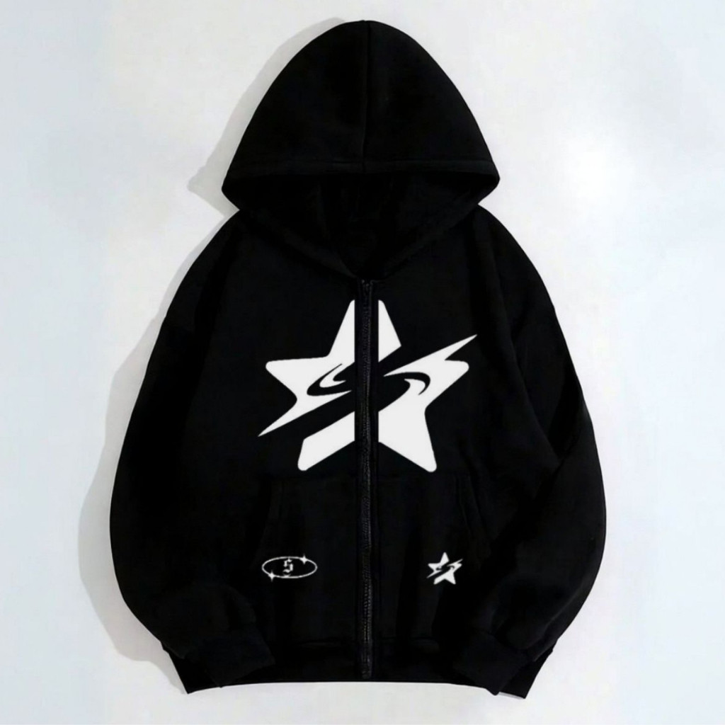 Blusa Moletom de Ziper Flanelado Star Urban Moda Casual Streetwear Tendencia