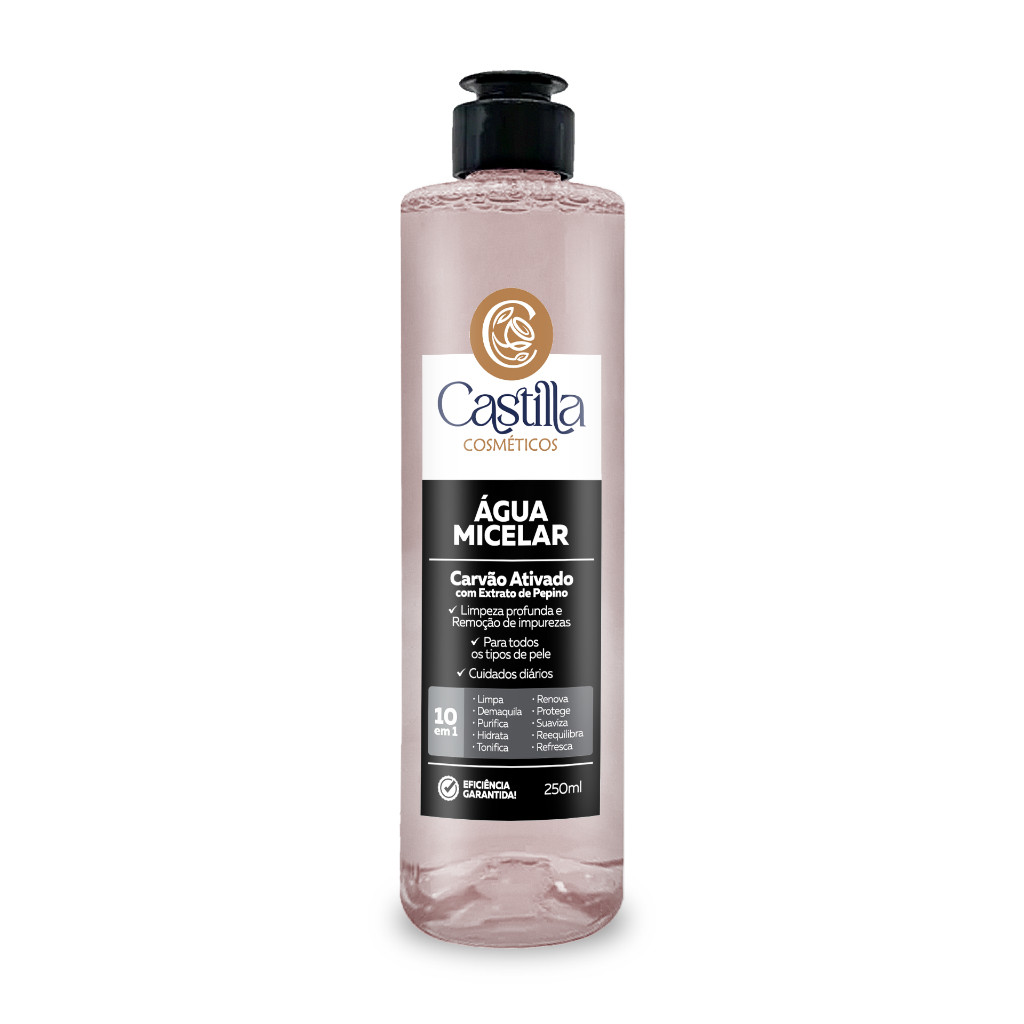 Água Micelar Castilla Carvão Ativado 250mL – 10 em 1 | Limpeza Profunda com Extrato de Pepino