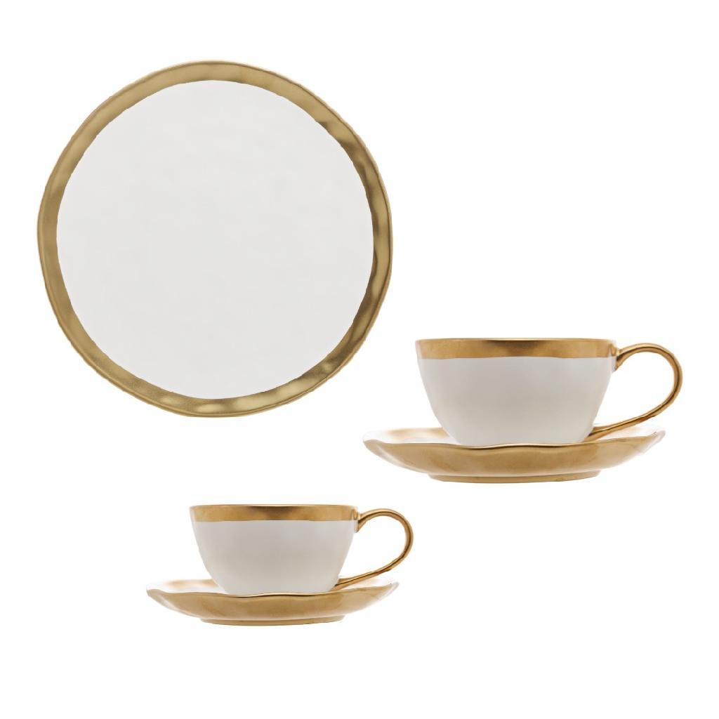 Conjunto Porcelana Dubai Prato Sobremesa E Xícaras Chá Café 200ml 90ml Café Da Manhã Luxo Branco
