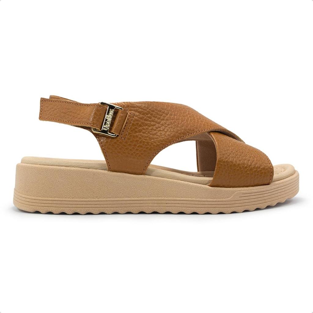 Sandália Usaflex Feminina Couro Salto Anabela Ajuste Fecho-Flex Casual MA10005