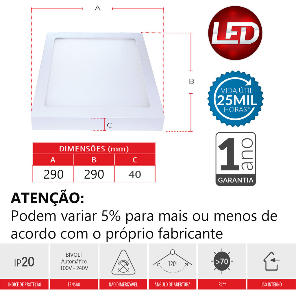 Painel LED Sobrepor Quadrado Avant 24W 3000K Amarelo Bivolt 1680lm Luz Quente — imagem 2 de 2
