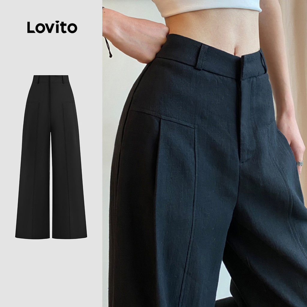 Lovito Calças Casuais de Lazer para Deslocamento Todas As Estações Calças Pretas para Mulheres L156AD227