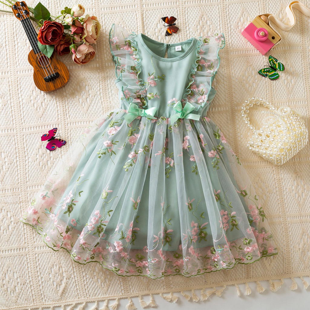 WFRV Crianças Meninas Verão Doce Série Vestido De Princesa Renda Bordado Flor Arco Bonito Menina 3-8 Festa De Aniversári